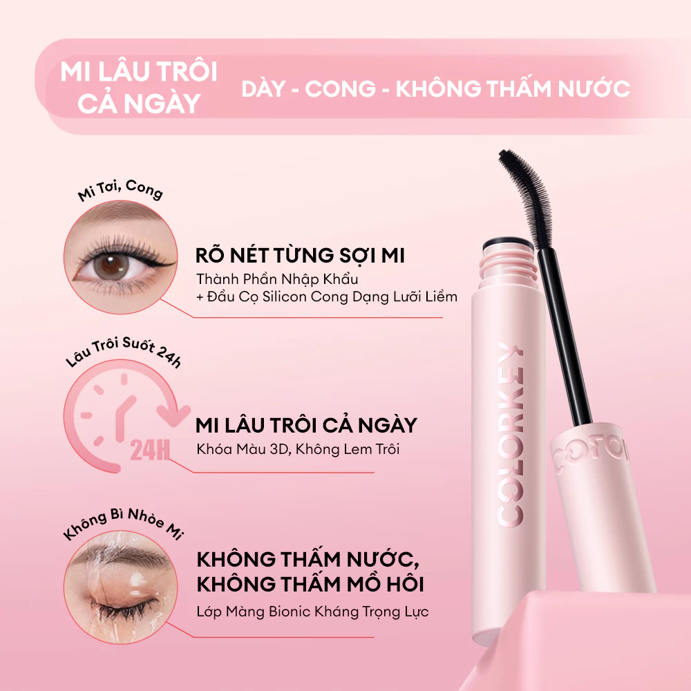 Mascara Colorkey Hỗ Trợ Giúp Cong Và Dày Mi, Lâu Trôi, Chống Nước 6g