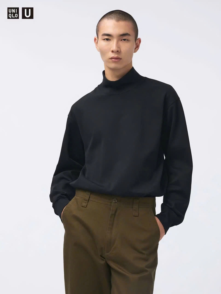 Uniqlo Brushed Lined Mock Neck T-Shirt Black [4718062]