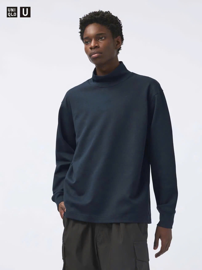 Uniqlo Brushed Lined Mock Neck T-Shirt Navy [4718064]