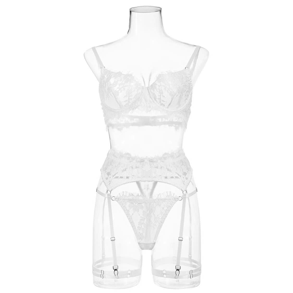 Bộ Ren Trắng Mềm Nhìn Xuyên Qua Cám Dỗ Bốn Mảnh Nội Y Push-Up Garter