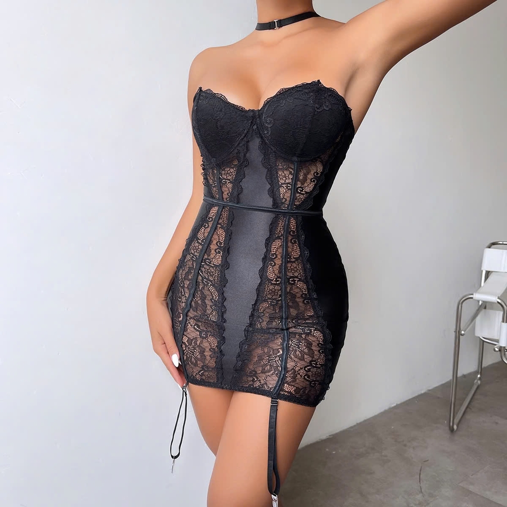 Bộ đồ ngủ cổ xuyên thấu bằng ren - Váy ngủ một mảnh nữ tính