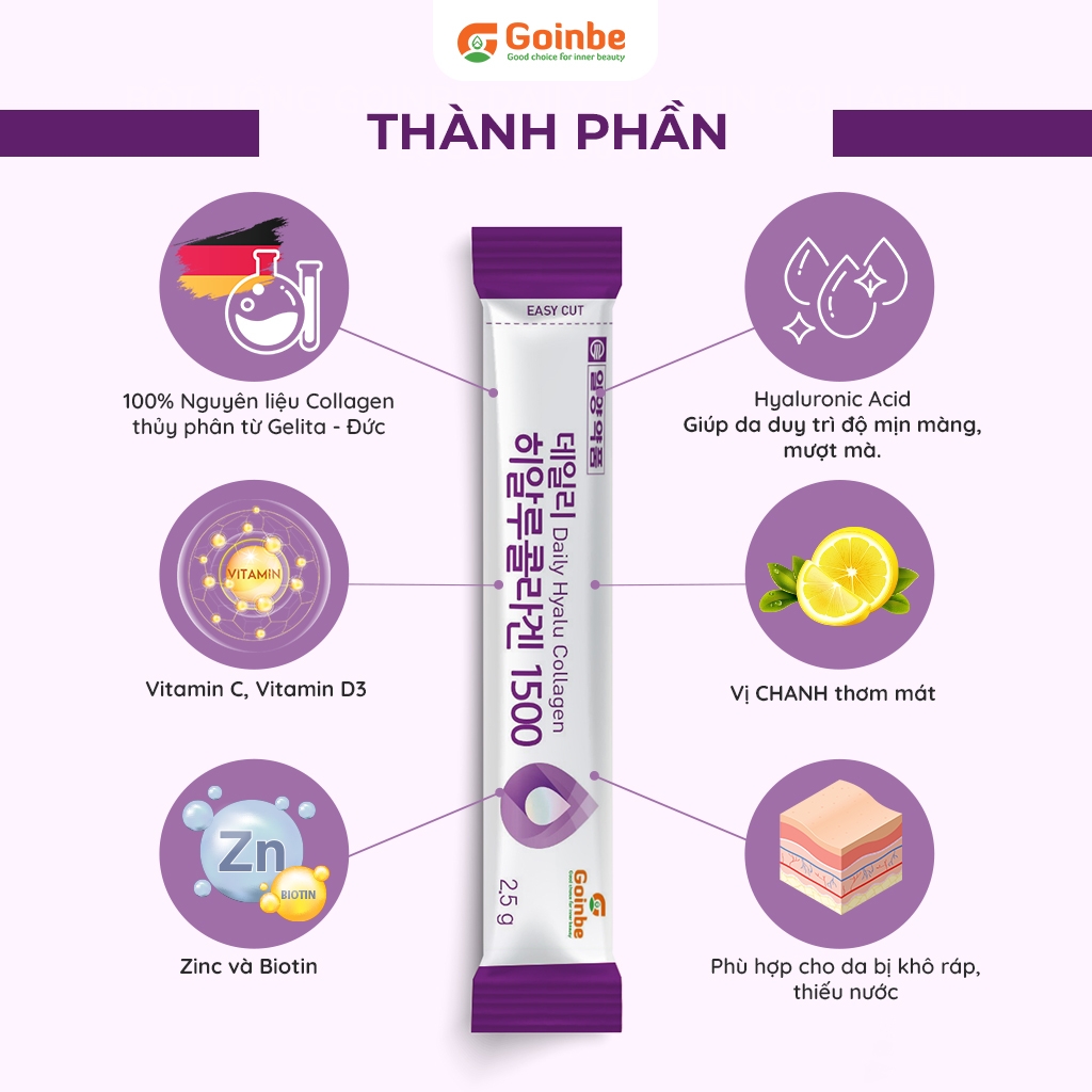 Liệu trình 2 tháng căng bóng - BỘT UỐNG GOINBE DAILY HYALU COLLAGEN VỊ CHANH - 1500MG