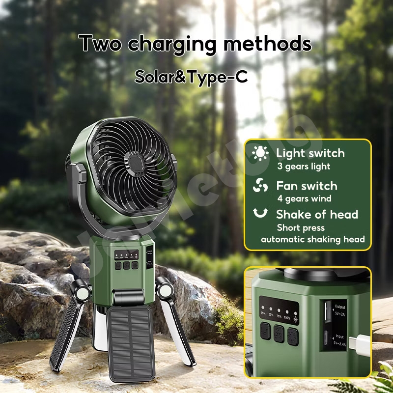 Quạt cắm trại ngoài trời đa năng OATSBASF có đèn năng lượng mặt trời & pin 6000mAh, Quạt treo, Đầu lắc tự động, Sạc Type