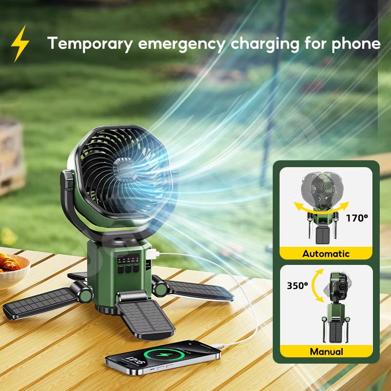 Quạt cắm trại ngoài trời đa năng OATSBASF có đèn năng lượng mặt trời & pin 6000mAh, Quạt treo, Đầu lắc tự động, Sạc Type