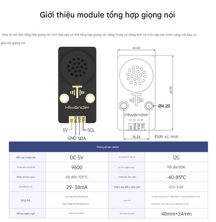 Mô-đun tổng hợp giọng nói Huaner tương thích với Arduino, Raspberry Pi, giao tiếp IIC và các mô-đun phát sóng cảm biến có thể lập trình.