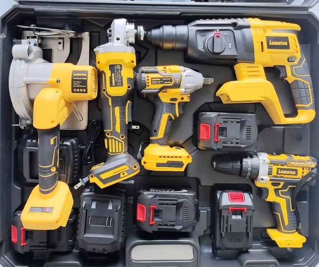 Bộ dụng cụ điện dùng pin Lithium Dewei xuất khẩu: Máy khoan búa điện, máy khoan điện, máy mài góc, máy cưa tròn, máy vặn vít điện, máy trà
