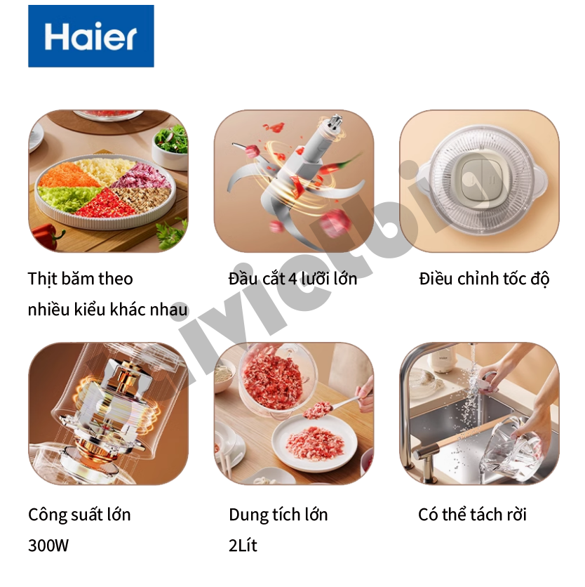 Máy xay thịt Haier HJR-DK202Y2W 1,8 lít 300W - Hàng chính hãng, 4 lưỡi dao, cối thủy tinh - Haier