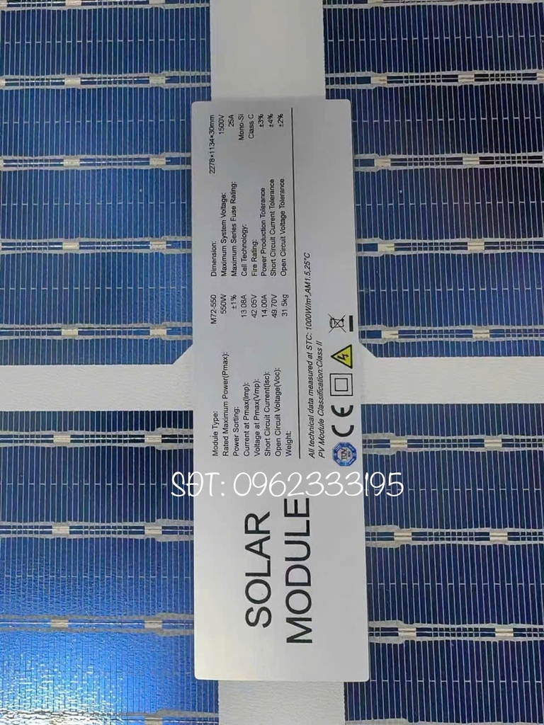 Tấm Pin SOLAR MODULE 550W LOẠI A 2MẶT KÍNH HIỆU SUẤT CAO 2025