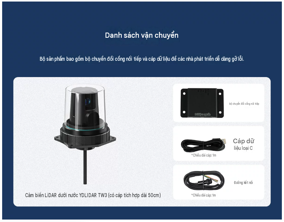 Cảm biến LiDAR dưới nước YDLIDAR TW3 là dòng cảm biến 2D ToF chuyên dụng cho robot lau bể bơi, đo quét 3D môi trường nước và định vị né vật cản dưới nước.