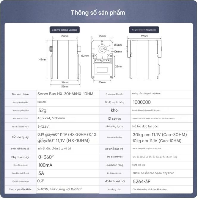 Servo Bus Nối Tiếp Huaner HX-30HM – Mô-men xoắn cao 30KG, Mã hóa từ tính, Điều khiển 360° hai trục, Có phản hồi