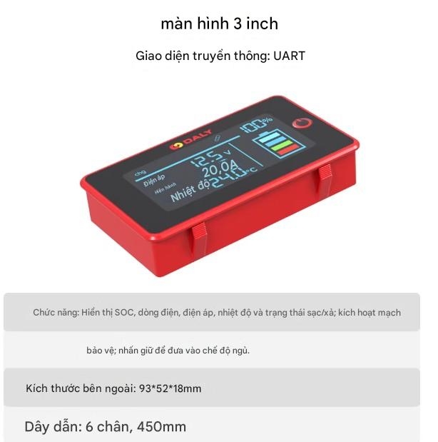 Màn hình hiển thị % pin thông minh 3 inch của Dali có thể kiểm tra mức pin. Giao diện UART 485 tuỳ chọn dành cho bo mạch bảo vệ BMS