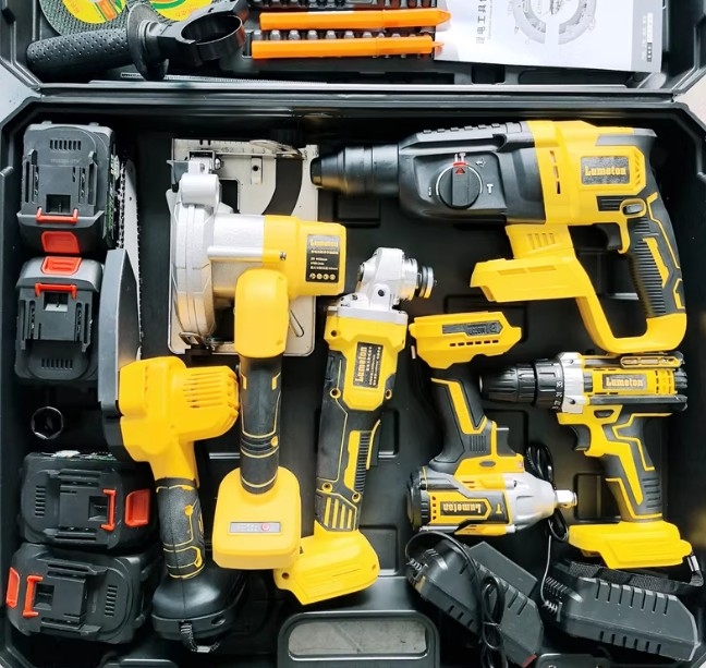 Bộ dụng cụ điện dùng pin Lithium Dewei xuất khẩu: Máy khoan búa điện, máy khoan điện, máy mài góc, máy cưa tròn, máy vặn vít điện, máy trà