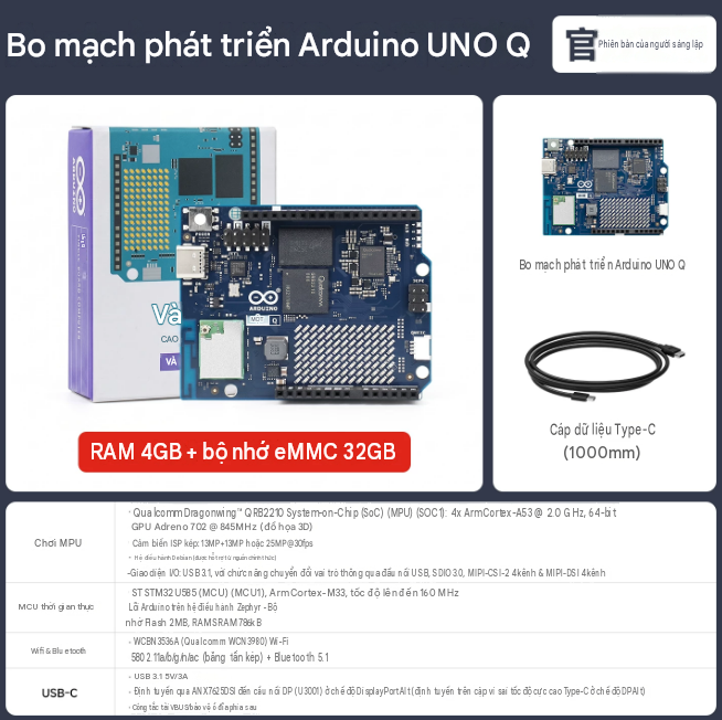 Bo mạch điều khiển phát triển AI đơn bo mạch Huaner Arduino UNO Q hỗ trợ WiFi băng tần kép và Bluetooth.