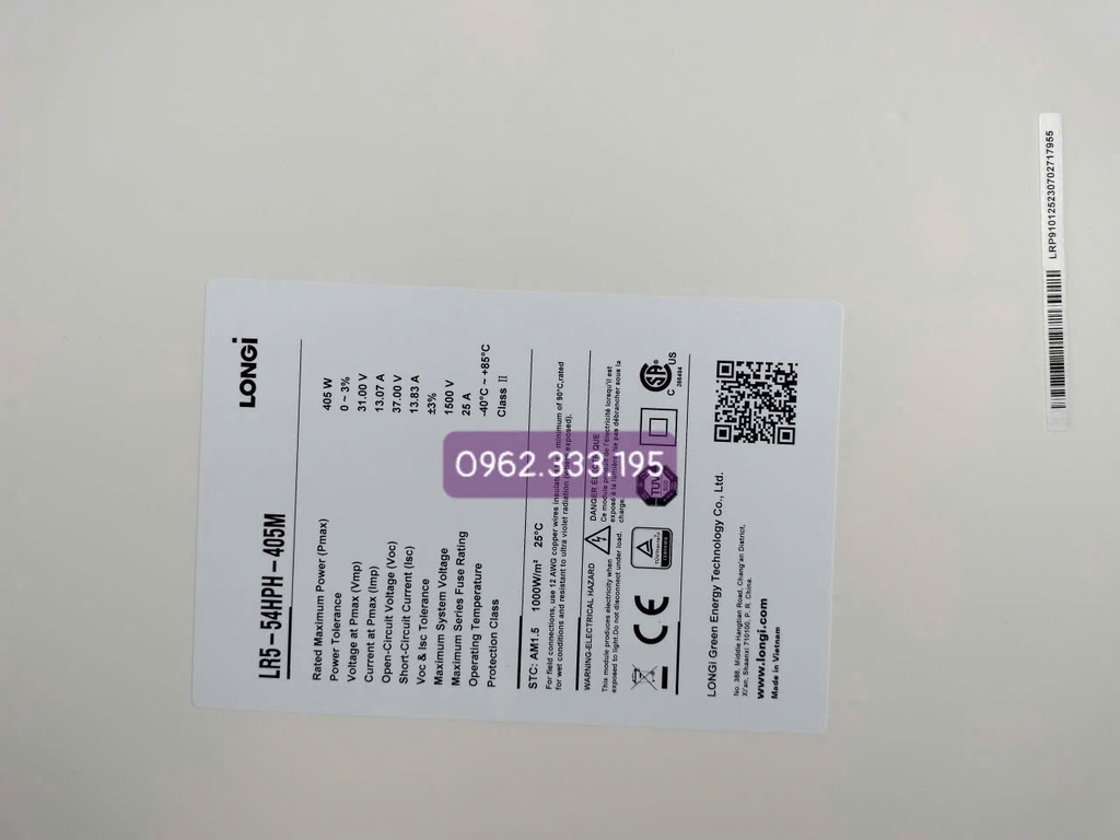 Tấm Pin mặt trời Longi 410w LOẠI A 1 mặt kính HIỆU SUẤT CAO 2026