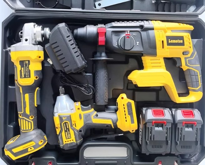 Bộ dụng cụ điện dùng pin Lithium Dewei xuất khẩu: Máy khoan búa điện, máy khoan điện, máy mài góc, máy cưa tròn, máy vặn vít điện, máy trà