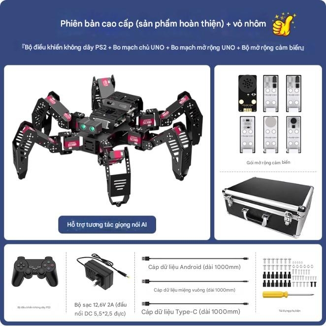 Robot Nhện Sinh Học Hexapod AI Spiderbot, một robot sáu chân, là một con nhện mô phỏng sinh học với trí thông minh AI, mã nguồn mở và lập trình Arduino.
