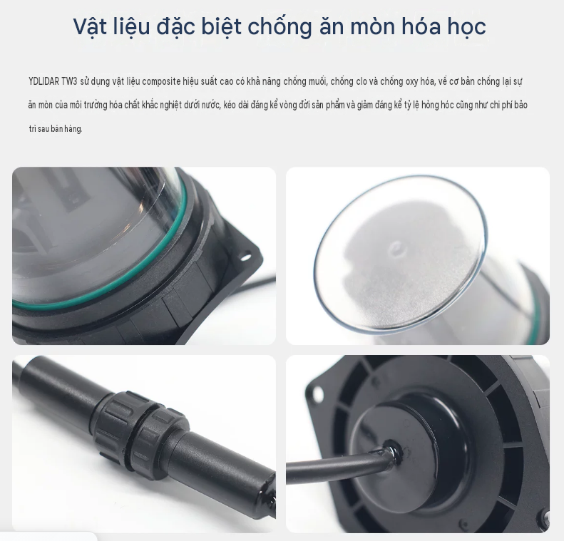 Cảm biến LiDAR dưới nước YDLIDAR TW3 là dòng cảm biến 2D ToF chuyên dụng cho robot lau bể bơi, đo quét 3D môi trường nước và định vị né vật cản dưới nước.