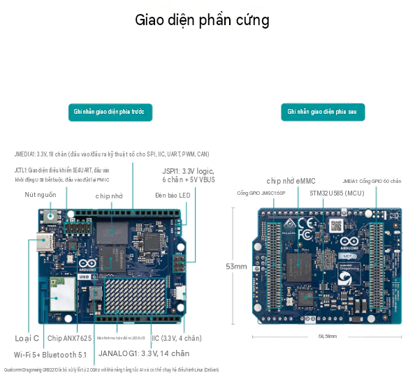 Bo mạch điều khiển phát triển AI đơn bo mạch Huaner Arduino UNO Q hỗ trợ WiFi băng tần kép và Bluetooth.