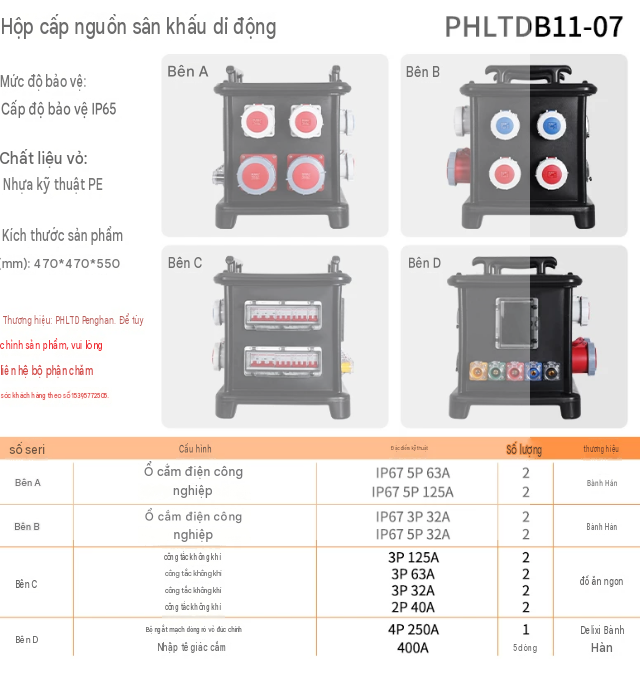 Hộp ổ cắm công nghiệp di động, phích cắm hàng không, hộp bảo trì nguồn điện di động, công tắc chống thấm nước, hộp phân phối bằng nhựa PE.