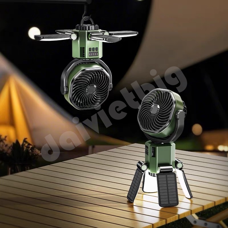 Quạt cắm trại ngoài trời đa năng OATSBASF có đèn năng lượng mặt trời & pin 6000mAh, Quạt treo, Đầu lắc tự động, Sạc Type