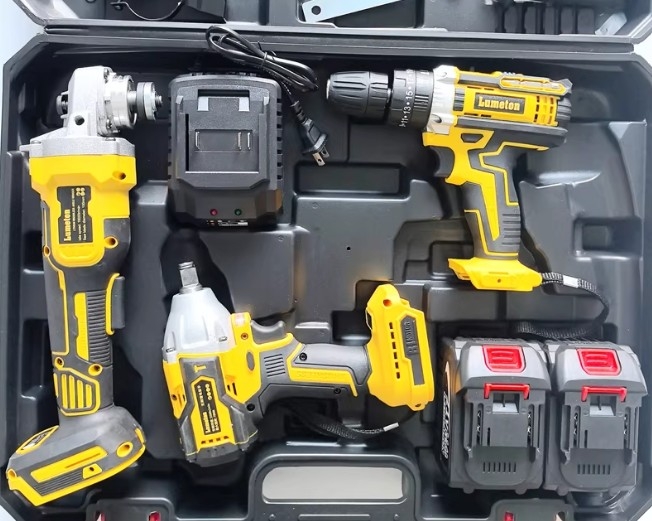 Bộ dụng cụ điện dùng pin Lithium Dewei xuất khẩu: Máy khoan búa điện, máy khoan điện, máy mài góc, máy cưa tròn, máy vặn vít điện, máy trà
