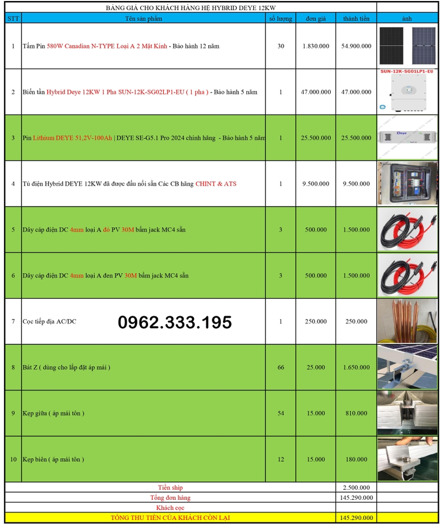 Báo giá NLMT hybrid DEYE 6kw 15.12.2024