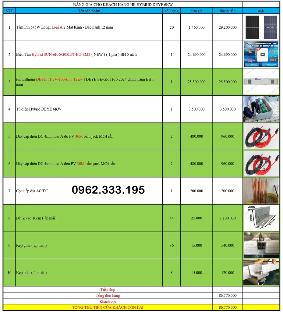 Báo giá NLMT hybrid 6kw deye sg05 18.02.2025