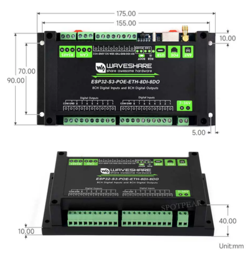 Bộ IO Công nghiệp 8-ch ESP32-S3 WiFi, RS485, 8 DI + 8 DO Relay, Ethernet Port, Modbus Support