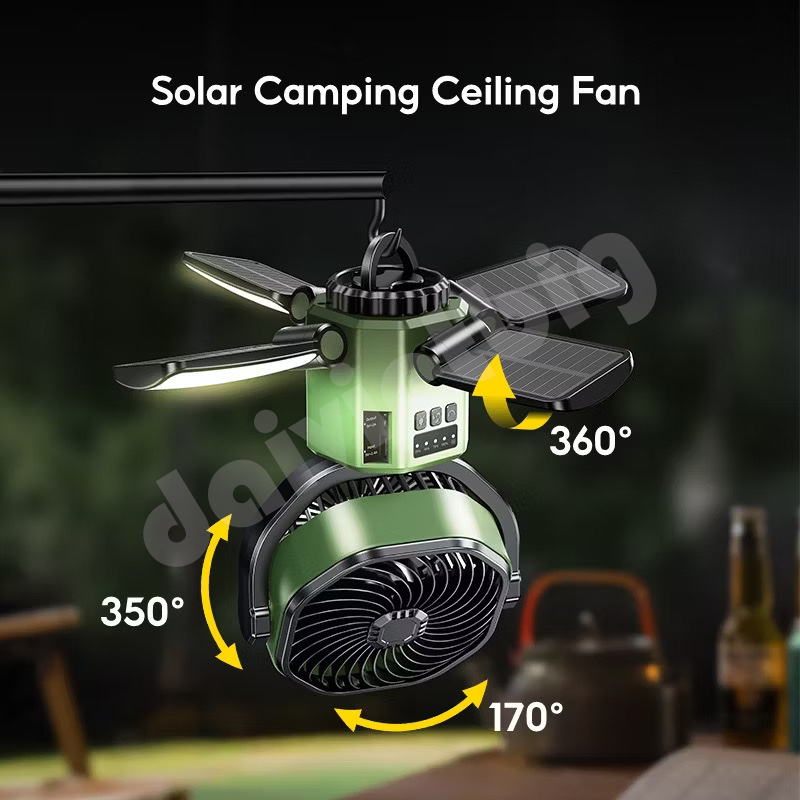 Quạt cắm trại ngoài trời đa năng OATSBASF có đèn năng lượng mặt trời & pin 6000mAh, Quạt treo, Đầu lắc tự động, Sạc Type