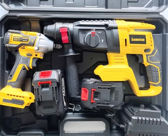 Bộ dụng cụ điện dùng pin Lithium Dewei xuất khẩu: Máy khoan búa điện, máy khoan điện, máy mài góc, máy cưa tròn, máy vặn vít điện, máy trà