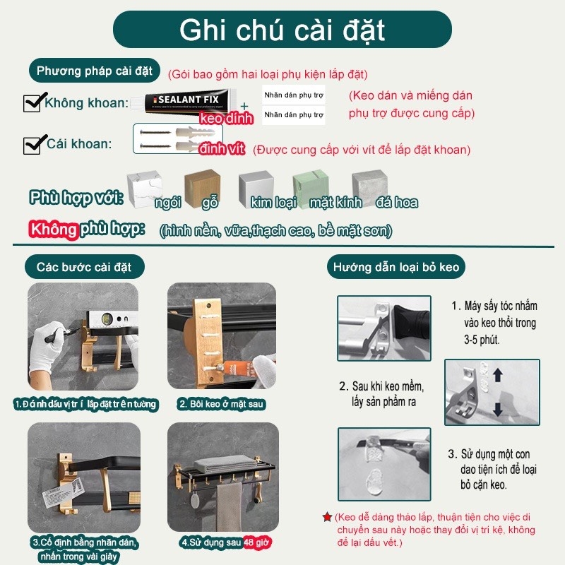 Kệ để đồ dùng ĐAIVIETBIG phòng tắm gắn tường không cần khoan thiết kế sang trọng với nhiều loại tùy chọn