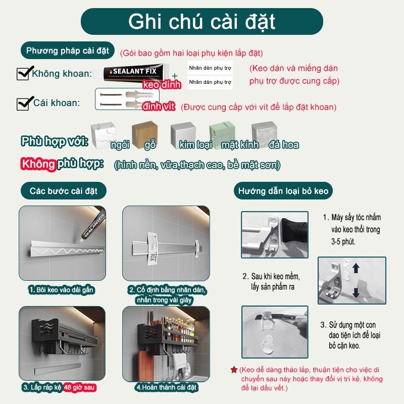 Kệ giữ đồ dùng nhà bếp dán tường không cần khoan lỗ dễ dàng đa năng tiện lợi