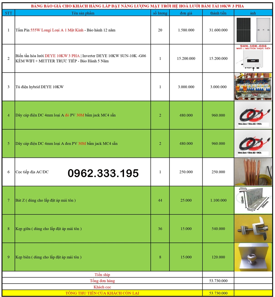 Báo giá NLMT hoà lưới DEYE 3kw 29.11.2024