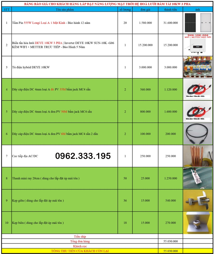 Báo giá NLMT hoà lưới DEYE 3kw 29.11.2024