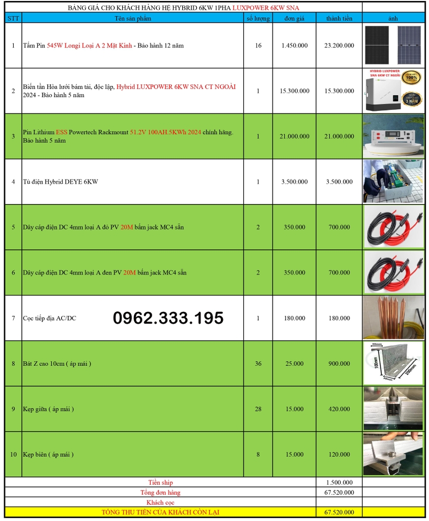 Báo giá NLMT hybrid luxpower 6kw