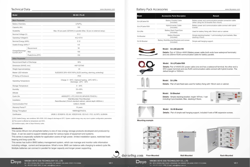 Pin Lithium DEYE 51,2V-200Ah, Deye Ess RW-F10.2 chính hãng BH 5 năm