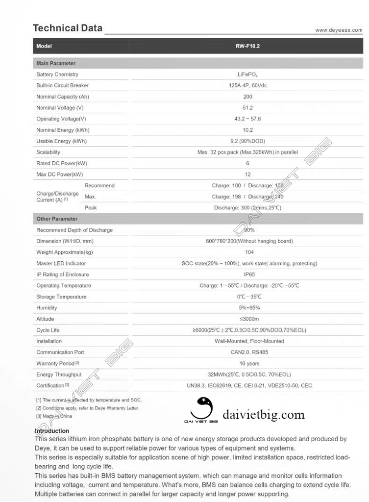 Pin Lithium DEYE 51,2V-200Ah, Deye Ess RW-F10.2 chính hãng BH 5 năm