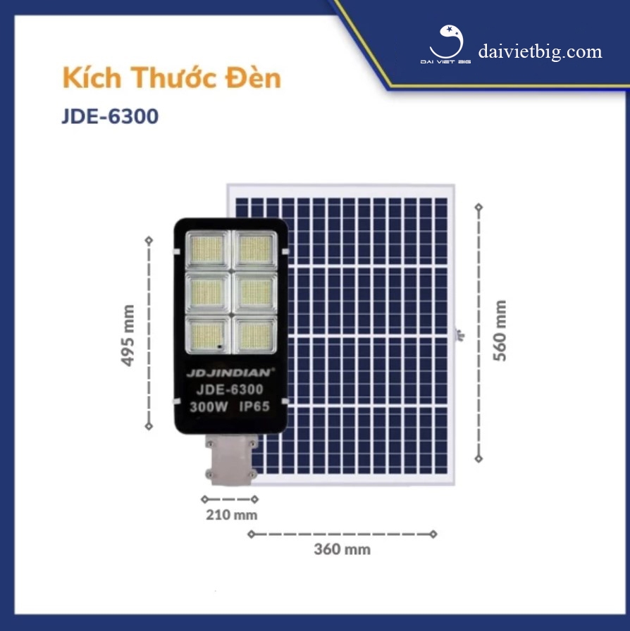 Đèn năng lượng mặt trời - Đèn đường NLMT Jindian JDE-6300 Công suất 300W Khung Nhôm, Chip Led 