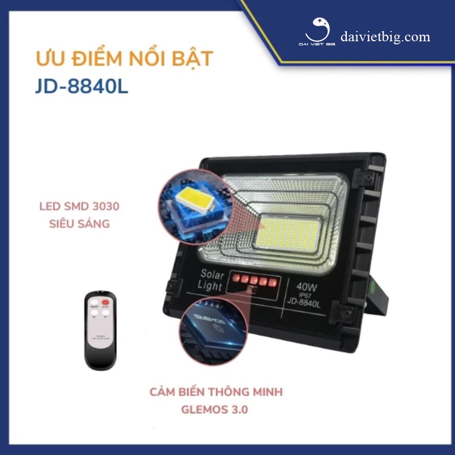 Đèn Năng Lượng Mặt Trời, Đèn Pha JinDian JD-8840L Công Suất 40W - Mẫu Mới 2020, Khung Nhôm, Chip Led 