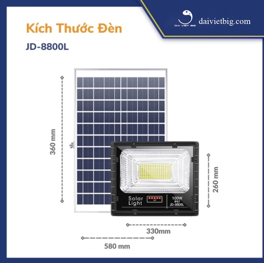 Đèn Năng Lượng Mặt Trời, Đèn Pha JinDian JD-8800L Công Suất 100W - Mẫu Mới 2020, Khung Nhôm, Chip Led 