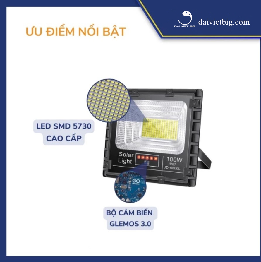 Đèn Năng Lượng Mặt Trời, Đèn Pha JinDian JD-8800L Công Suất 100W - Mẫu Mới 2020, Khung Nhôm, Chip Led 