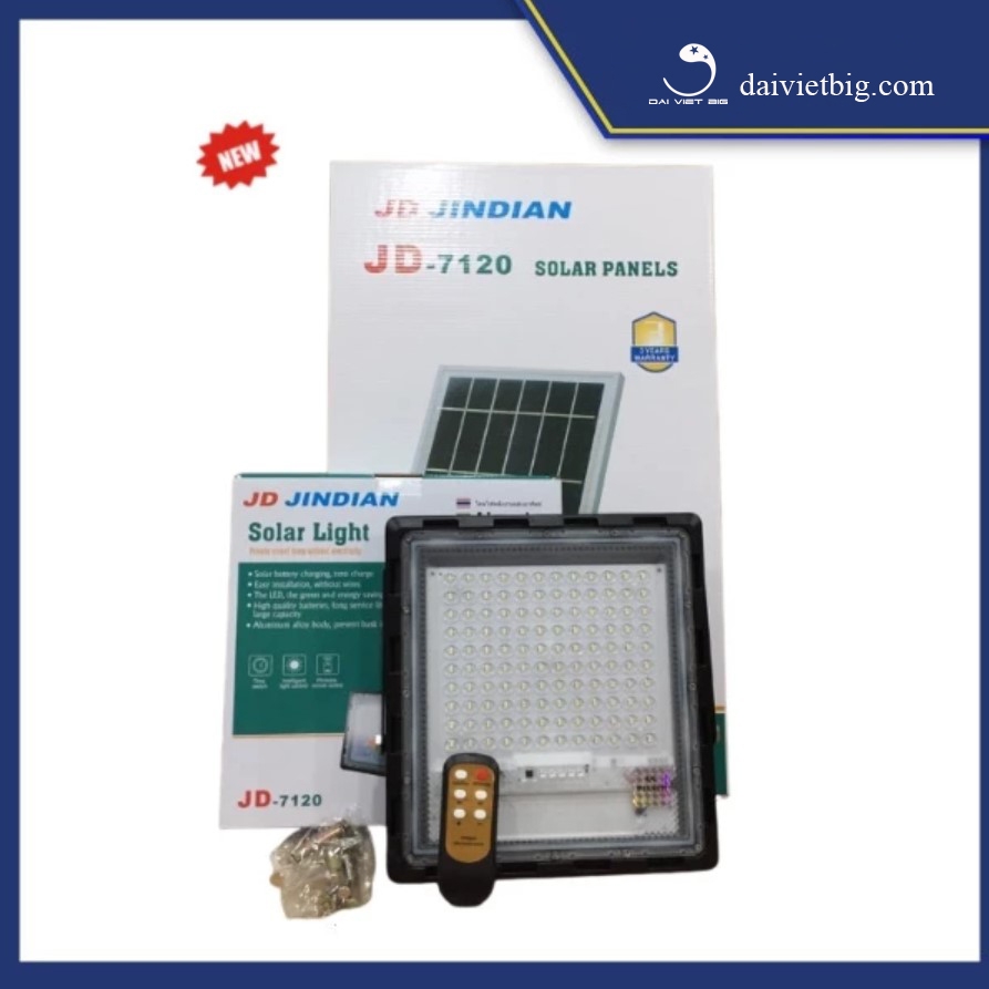 Đèn Pha Chống Lóa Cao Cấp, Đèn Năng Lượng Mặt Trời JD-7120 Công Suất 120W - Mẫu 2023, Khung Nhôm - BH 02 Năm