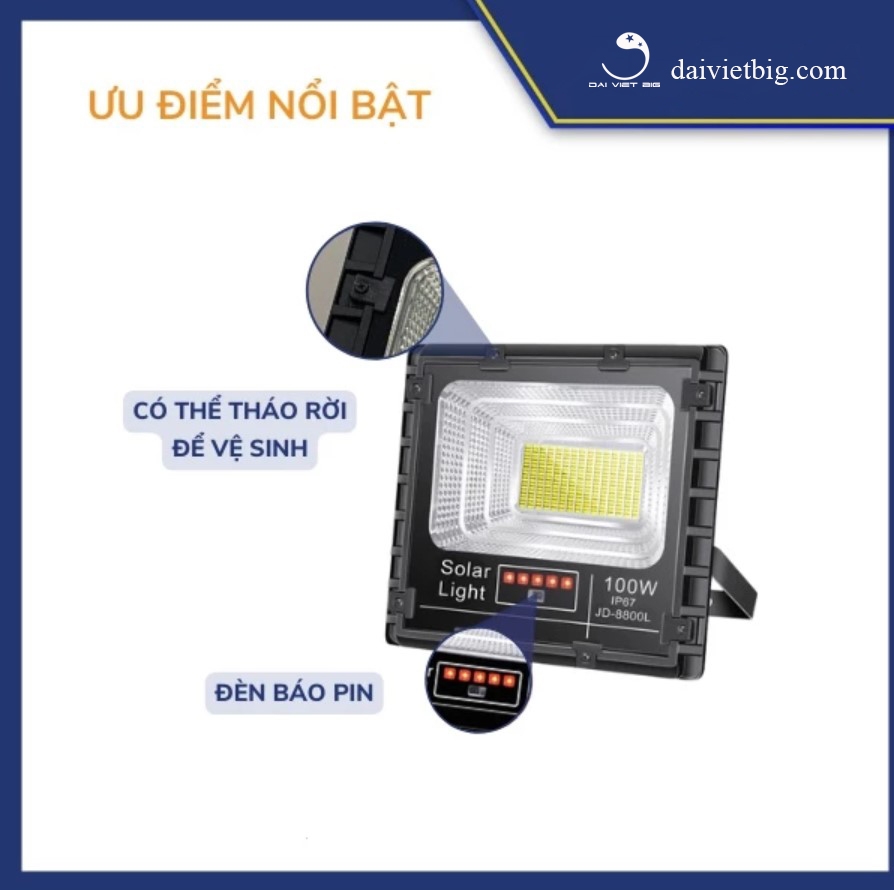 Đèn Năng Lượng Mặt Trời, Đèn Pha JinDian JD-8800L Công Suất 100W - Mẫu Mới 2020, Khung Nhôm, Chip Led 