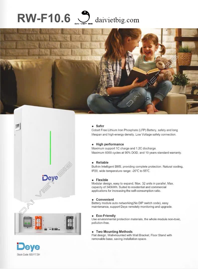 Pin Lithium DEYE 51,2V-200Ah, Deye Ess RW-F10.2 chính hãng BH 5 năm