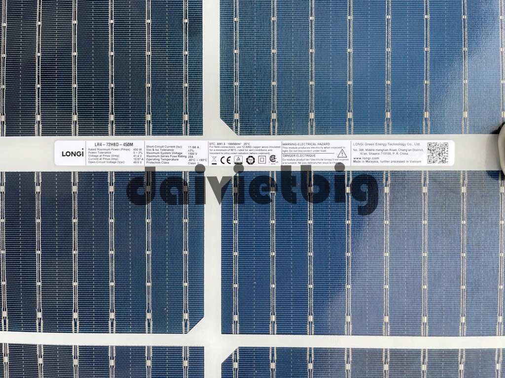 Tấm Pin mặt trời Longi 450w LOẠI A 2 mặt kính HIỆU SUẤT CAO