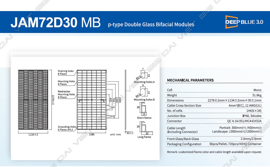Tấm Pin mặt trời JA 555w LOẠI A 2 mặt kính HIỆU SUẤT CAO 2025