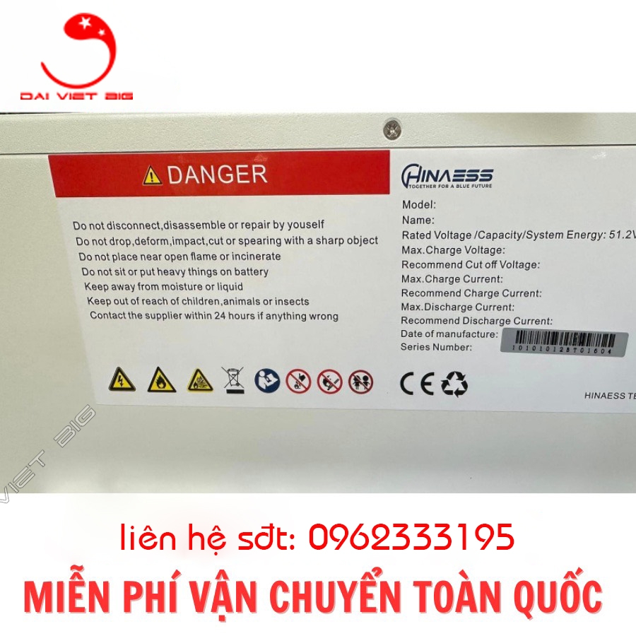 Pin Lithium Hinaess 51.2V-100Ah có giao tiếp bảo hành 10 năm với inverter luxpower