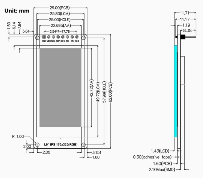 Màn hình LCD TFT góc nhìn toàn màn hình IPS 1,9 inch mới, mô-đun màn hình màu LCD cổng nối tiếp SPI HD 170x320