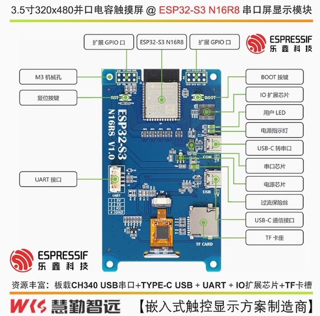Bộ bo mạch phát triển ESP32-S3 FreeRTOS mã nguồn mở màn hình cảm ứng 3,5 inch 320*480 Bo mạch phát triển LVGL