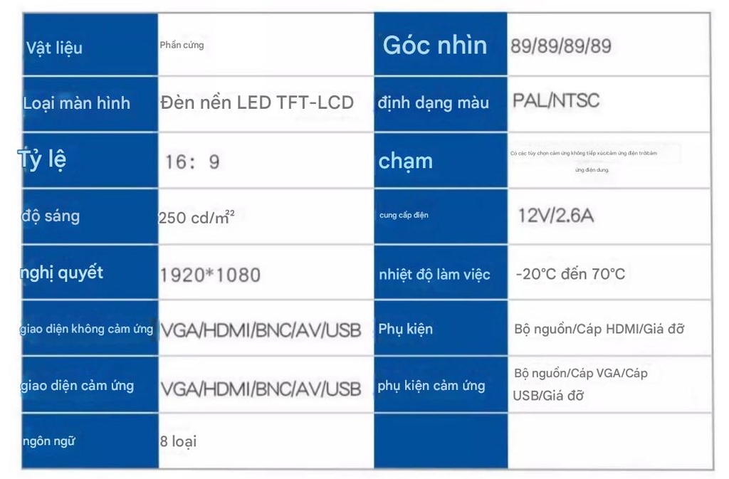 Màn hình không cảm ứng công nghiệp nhúng EYOYO 7-23,8 inch, màn hình giám sát xe